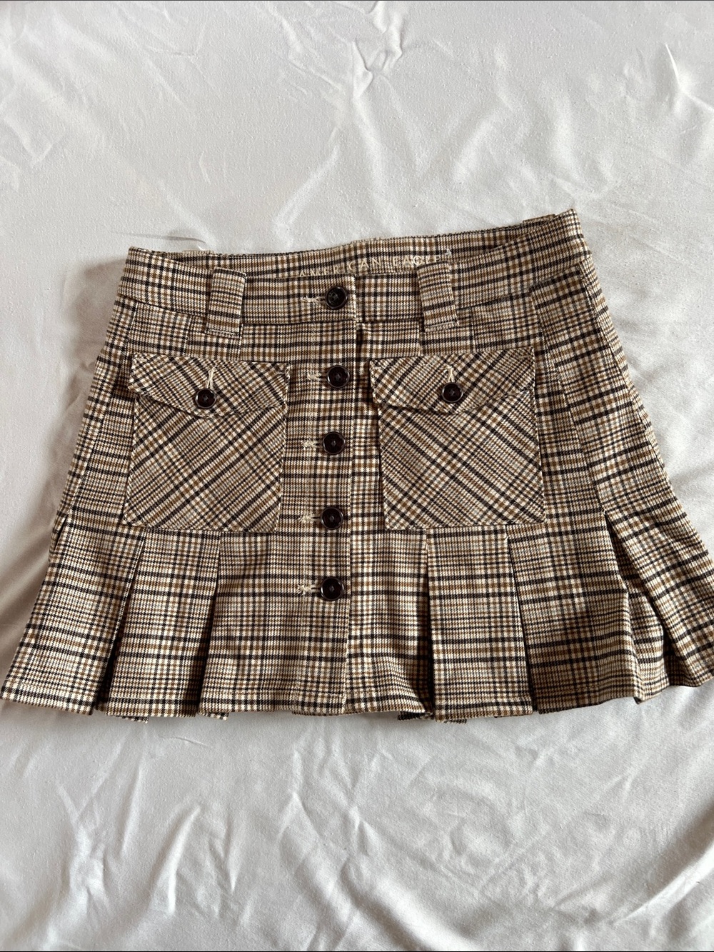 American Eagle Outfitters Plaid Brown & Cream Button-Front Pleated Mini Skirt